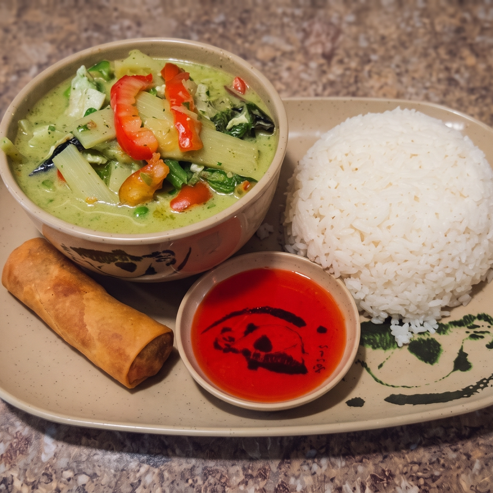 Thai green curry with vegetables, white rice, spring roll, and sweet chili sauce served on a plate.