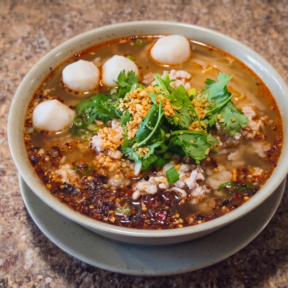 Bowl of spicy noodle soup topped with meatballs, minced meat, cilantro, scallions, and crispy garlic.