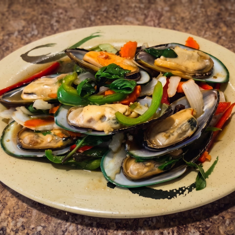 Plate of mussels sautéed with spinach, bell peppers, onions, and carrots on a speckled ceramic plate.