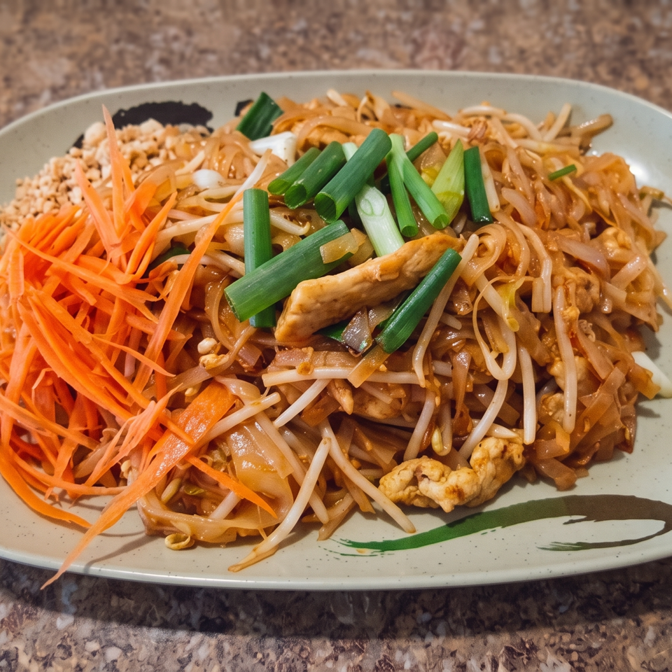 Plate of stir-fried noodles with chicken, bean sprouts, carrots, green onions, and crushed peanuts.
