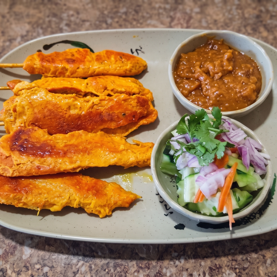 Four grilled chicken satay skewers served with peanut sauce and a fresh cucumber, onion, carrot, and cilantro salad.