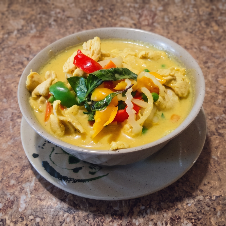 Bowl of yellow curry with chicken, colorful peppers, basil, and noodles on a ceramic saucer.