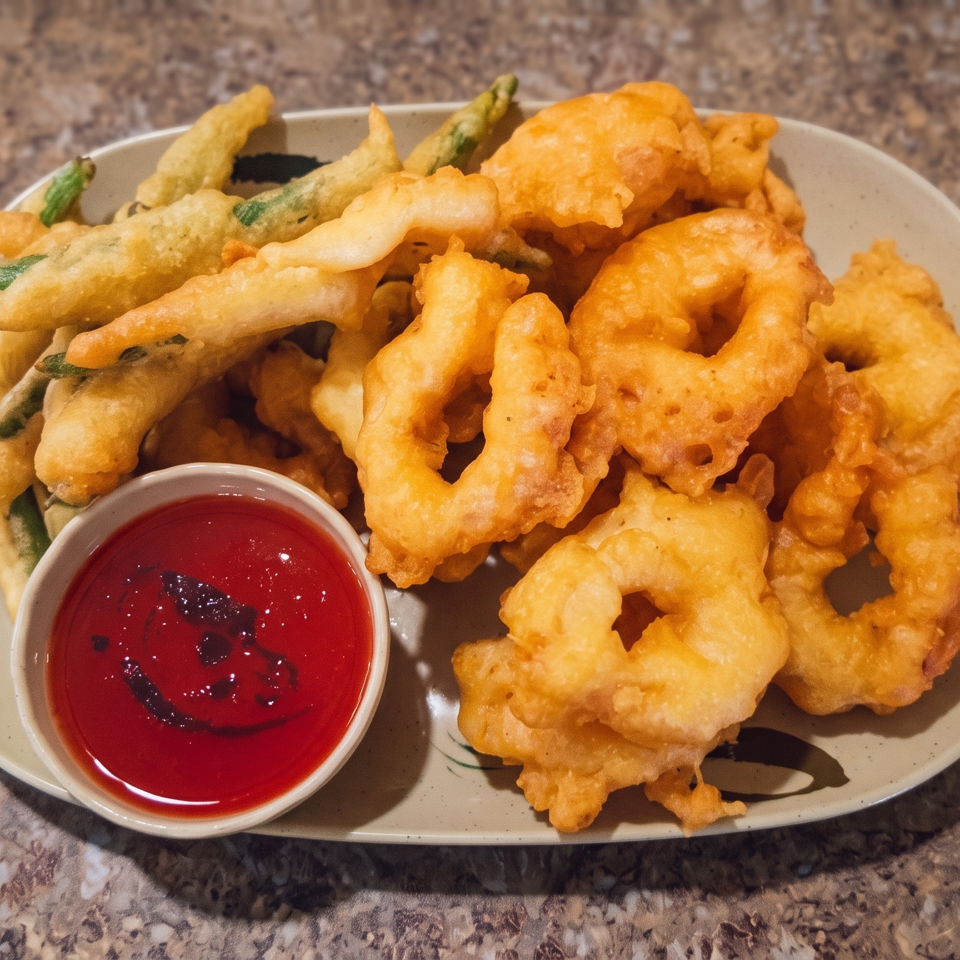 Crispy vegetable and shrimp tempura arranged on a plate with red dipping sauce.