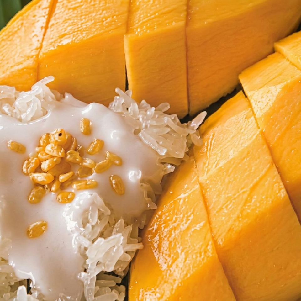 Sliced ripe mango served with sticky rice, coconut cream, and golden mung beans on a banana leaf.